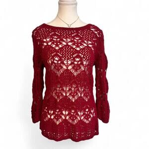Red Y2K - Boho Crotchet Layering 3/4 Sleeves Top Size Medium Casual - Bella Swan